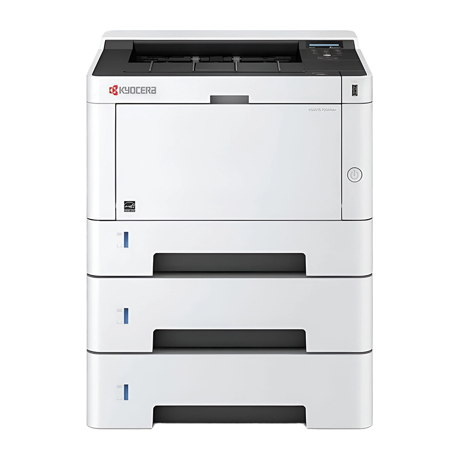 A tall, white Kyocera ECOSYS printer, model PA4500X, with three stacked paper trays and a black scanner on top.